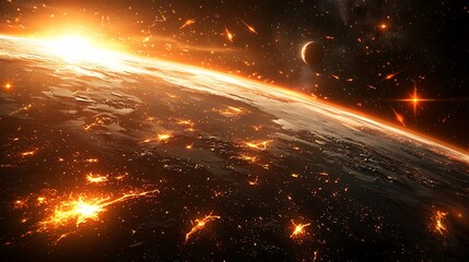 Cosmic explosion event over earth space digital art fiery environment dramatic viewpoint cosmic concept