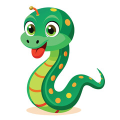 Fototapeta premium Smiling Green Cartoon Snake with Yellow Spots Sticking Out Tongue, Against White Backdrop