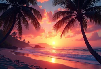 silhouetted palm fronds sunset sky tropical atmosphere vibrant colors beautiful dusk paradise, landscape, cloud, evening, beach, reflection, island, glow