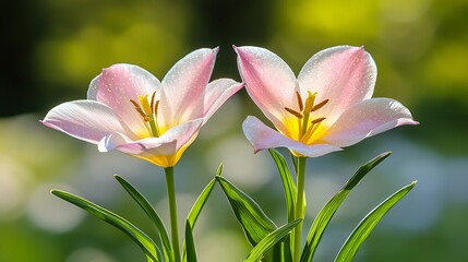 Fototapeta premium Delicate pink lilies blooming in nature close-up floral photography tranquil garden setting 