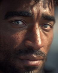 Fototapeta premium Dark-skinned man’s eyebrows with a thick natural shape. No grooming or makeup.