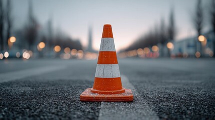 Isolated cone placed in empty space, offering visual focus on road safety and public awareness.