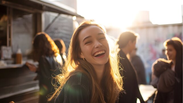 Friends laughing together at a food truck market