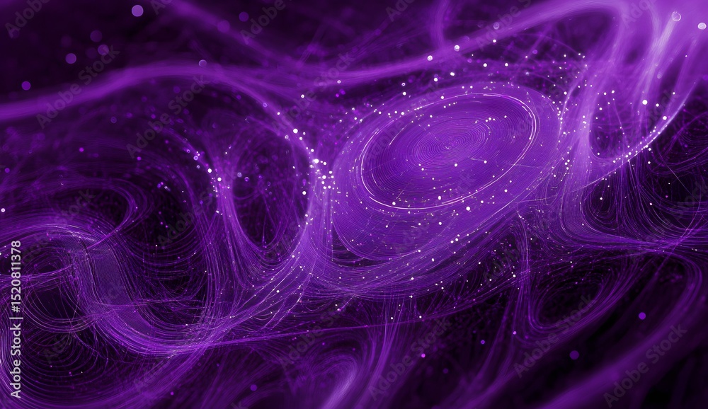 Poster a purple background with swirling patterns and dots representing data flow,