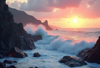 waves crashing rugged rocky cliffs sunset serene ocean horizon scenic view nature, sea, foam, shore, water, landscape, sky, reflection, dusk, beach, coast