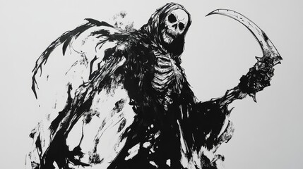 A black and white ink drawing character, in horror comic style, featuring the Grim Reaper. Death with a hood and scythe. 