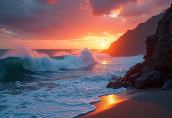 waves crashing textured cliffs sunset dramatic seascape vibrant sky colors, foam, dusk, shoreline, rocky, outdoors, landscape, coast, ocean, water, marine