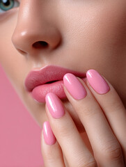 Naklejka premium Close-Up of Pink Manicured Nails and Tenderly Pink Glossy Lips