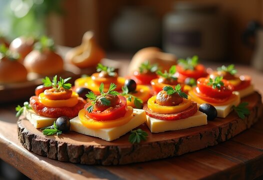 vibrant tapas platter assortment colorful appetizers rustic wooden board culinary delight, dish, food, garnish, ingredient, spread, serving, table, snack
