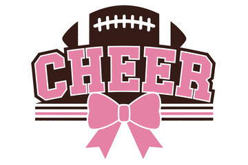 Cheer Text with Football and Pink Bow, Bold pink &ldquo;CHEER&rdquo; text in varsity style with a football above and large bow below, representing cheerleading and school spirit.

