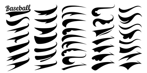 Swooshes text tails for baseball design. Sports swash underline shapes set in retro style. Swish typography font elements for athletics, baseball, football decoration. Black swirl vector line.