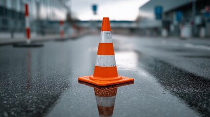 Isolated cone placed in empty space, offering visual focus on road safety and public awareness.