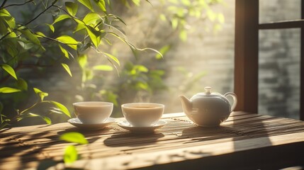 Chinese asian tea ceremony. Green tea in the teapot and small cups. 