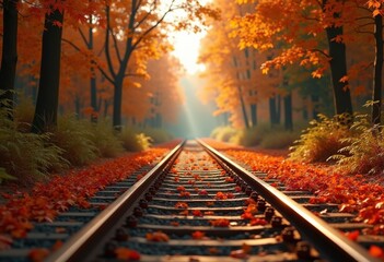 weathered train tracks surrounded vibrant autumn foliage colorful leaves textured rust rustic nature scene, leaf, wood, railway, grass, forest, shrub
