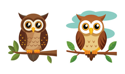 Obraz premium Two cute cartoon owls perched on branches