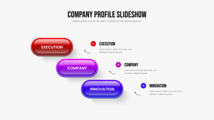 Obraz premium Product Plan Slideshow Template Vector Illustration. Financial Introduction 3 Option Infographic Slide Design. Business Profile Three Element Diagram Frame Layout.