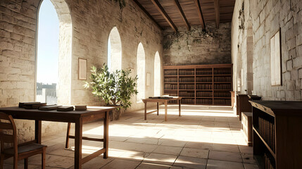 Sunlit Ancient Library Room With Wooden Furniture
