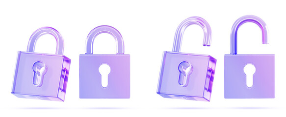 Glass holographic padlock icon 3d render. Crystal gradient set of locked and unlocked lock in different angles. Safety and secure symbol for web design. Protection and privacy concept. 3D illustration
