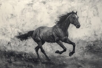 Dark horse galloping through a misty landscape