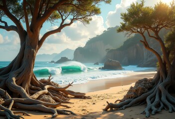 weathered trees erosion coastal scenery beach landscape driftwood nature outdoor, shoreline, sand, water, sea, sky, wave, rock, flora, fauna, shore, view