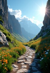 wide angle view rugged mountain trails scenic landscape natural adventure outdoor pathway exploration, nature, outdoors, summit, sky, cloud, wilderness