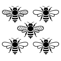 A collection of five stylized black and white bee illustrations with varying wing designs