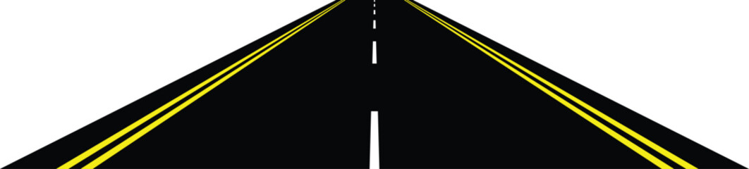 Perspective view of road going far away. Empty highway with marking stretching into distance. Travelling, trip, forward movement, future concept. Vector flat illustration.