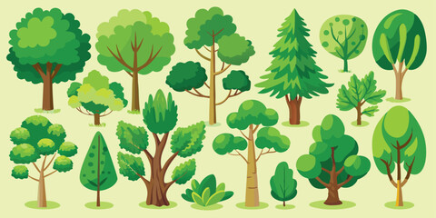 Illustrated Green Trees Collection – Variety of Shapes, Sizes & Foliage Styles on Light Background