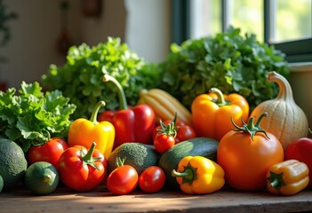 vibrant vegetable arrangement colorful bounty fresh organic ingredients textured wooden tabletop harvest display, colors, produce, presentation, greens