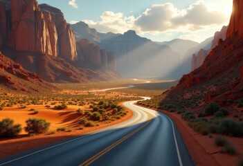 winding desert road surrounded dramatic mountains scenic landscape adventure escape nature, sunset, dusk, path, sky, cloud, horizon, dune, vegetation