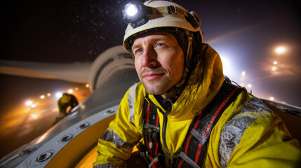 Offshore wind turbine maintenance worker in safety gear, focused and determined, working at night
