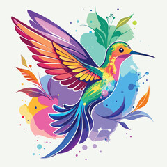 Watercolor Hummingbird Flying with Floral Accents and Vibrant Colors Illustration Art