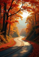 winding road autumn foliage scenic drive colorful leaves nature landscape, trees, curve, pathway, highway, woodland, forest, scenery, route, tranquil, park