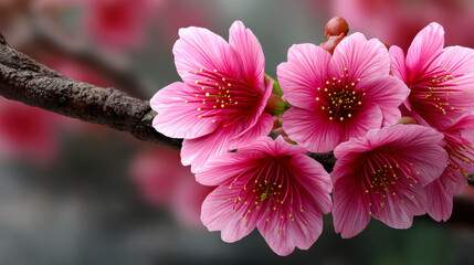Beautiful pink cherry blossoms bloom on branch, showcasing delicate petals and vibrant details, evoking sense of tranquility
