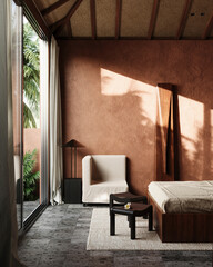 Bedroom with mocha walls, soft lighting, and natural materials in a Bali villa interior. Tropic panoramic window background.