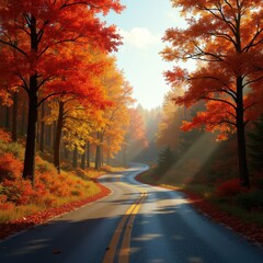 winding road through vibrant autumn forest colorful foliage scenic drive nature trail outdoor adventure serenity, trees, landscape, scenery, pathway