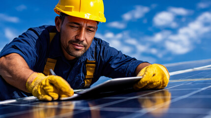Skilled technician yellow hard hat and gloves inspects solar panels bright blue sky, showcasing dedication and expertise