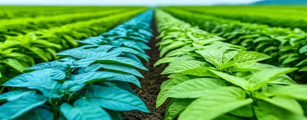 A vibrant view of lush green and blue plants growing in a structured field, showcasing the beauty of nature and agricultural diversity.