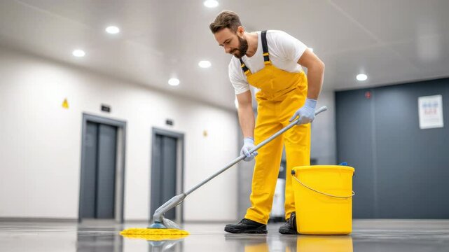 Man janitor yellow overalls and gloves cleaning shiny floor with mop and yellow bucket modern building hallway, showing professionalism, hygiene, and maintenance service reflective corridor for clean