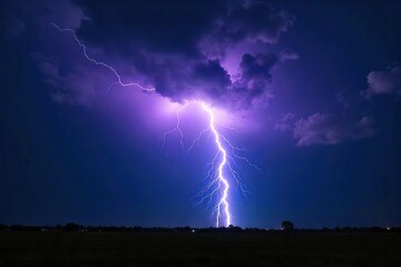 Dramatic shot of a powerful lightning bolt striking the ground during a fierce thunderstorm, illuminating the dark night sky with intense light and energy , phenomenon, night