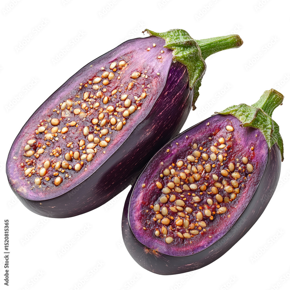 Poster sliced purple eggplant with visible seeds isolated on transparency background, showcasing vibrant co