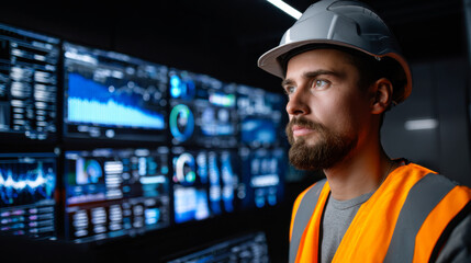 Technician hard hat and safety vest monitors real time industrial data multiple screens, showcasing advanced technology