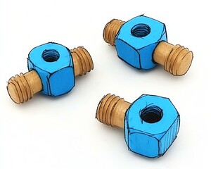 A creative illustration of three blue nuts with wooden screws, showcasing innovative design and engineering concepts for various technical applications.
