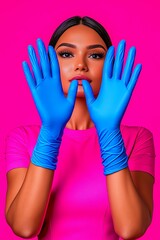 A confident woman showcases her blue gloves against a vibrant pink background, symbolizing modern fashion and personal expression in everyday life.
