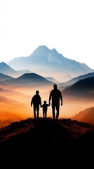 A family of three enjoys a serene moment together in nature, gazing at stunning mountains and experiencing the beauty of the great outdoors.