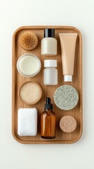 A serene arrangement of natural skincare products on a bamboo tray, showcasing a variety of textures and containers for a calming aesthetic.