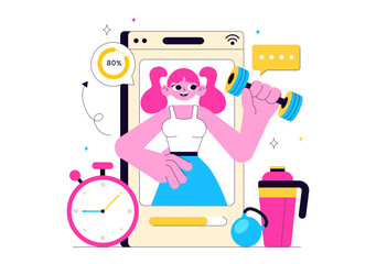 Virtual Fitness App Illustration Featuring People Enjoying Online Classes Using a Mobile Application to Promote Wellness and Healthy Lifestyle Trends