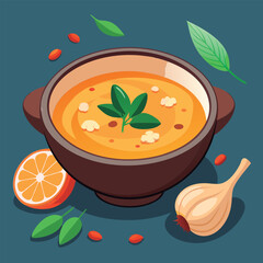 Hearty soup bowl with garnish.