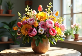 vibrant colorful floral blooms wooden vase arrangement home decor spring bouquet, nature, green, yellow, red, petal, leaf, garden, pink, orchid, tulip