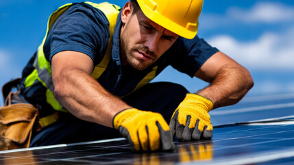 Skilled technician in yellow hard hat and safety vest is carefully installing solar panels under bright blue sky
